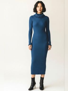 DIOR Maxi Knit Dress Sz S BLUE Turtleneck Luxe Bodycon Lounge Crochet RARE VNTG